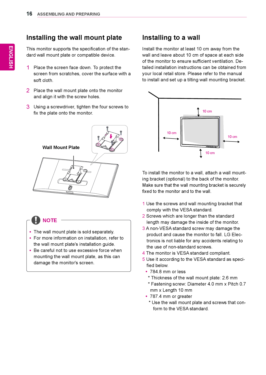 LG Electronics 29EA73, 29EB73 owner manual Installing the wall mount plate, Installing to a wall, Wall Mount Plate 