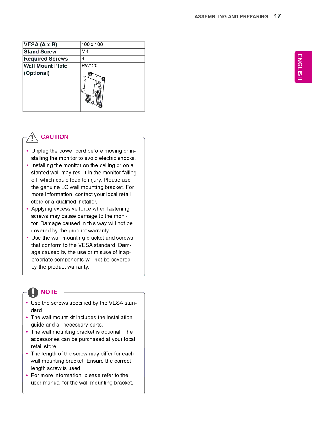 LG Electronics 29EB73, 29EA73 owner manual Vesa a x B, Stand Screw Required Screws Wall Mount Plate, Optional, RW120 