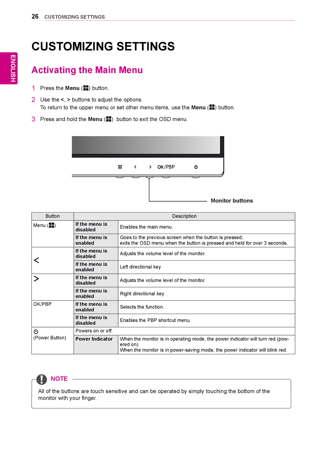 LG Electronics 29EA73, 29EB73 owner manual Customizing Settings, Activating the Main Menu, Monitor buttons 