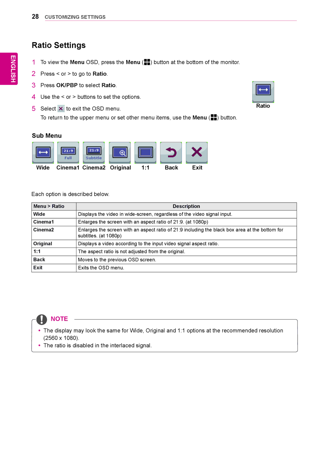 LG Electronics 29EA73, 29EB73 owner manual Ratio Settings, Wide Cinema1 Cinema2 Original Back Exit 