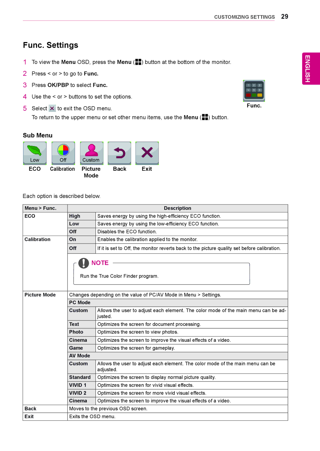 LG Electronics 29EB73, 29EA73 owner manual Func. Settings, ECO Calibration Picture Back Exit Mode 