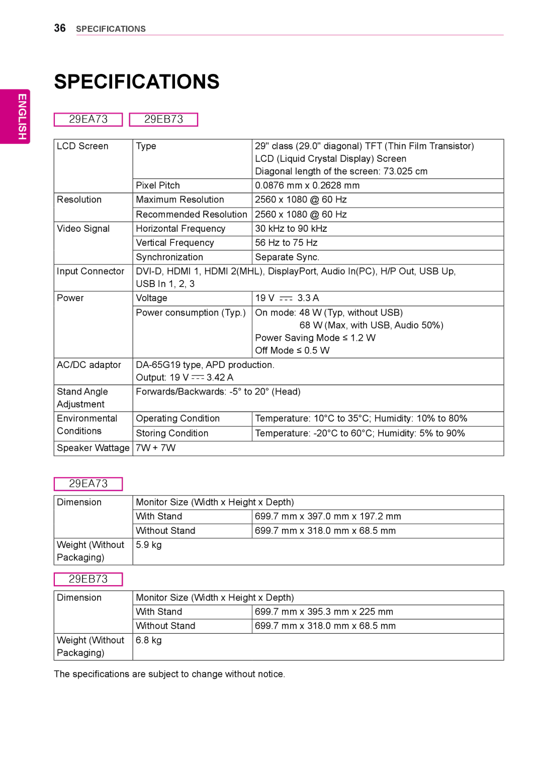 LG Electronics 29EA73, 29EB73 owner manual Specifications 