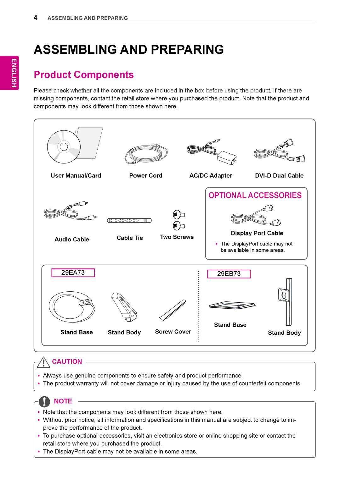 LG Electronics 29EA73 Assembling and Preparing, Product Components, Audio Cable Power Cord AC/DC Adapter DVI-D Dual Cable 