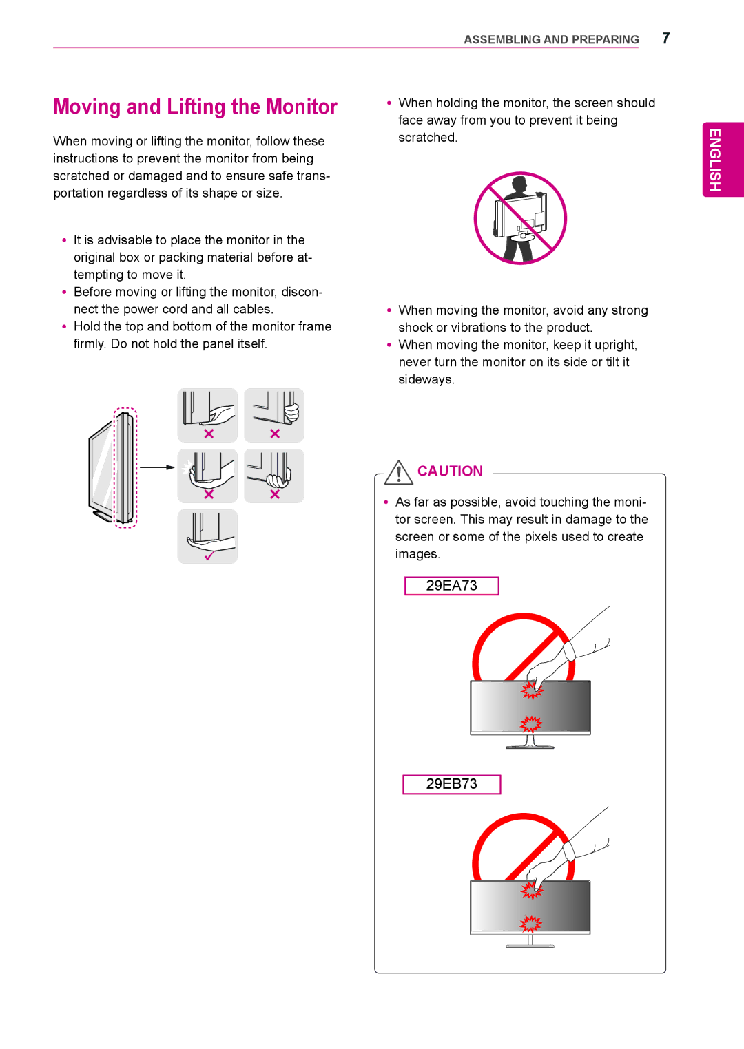 LG Electronics 29EB73, 29EA73 owner manual Moving and Lifting the Monitor 