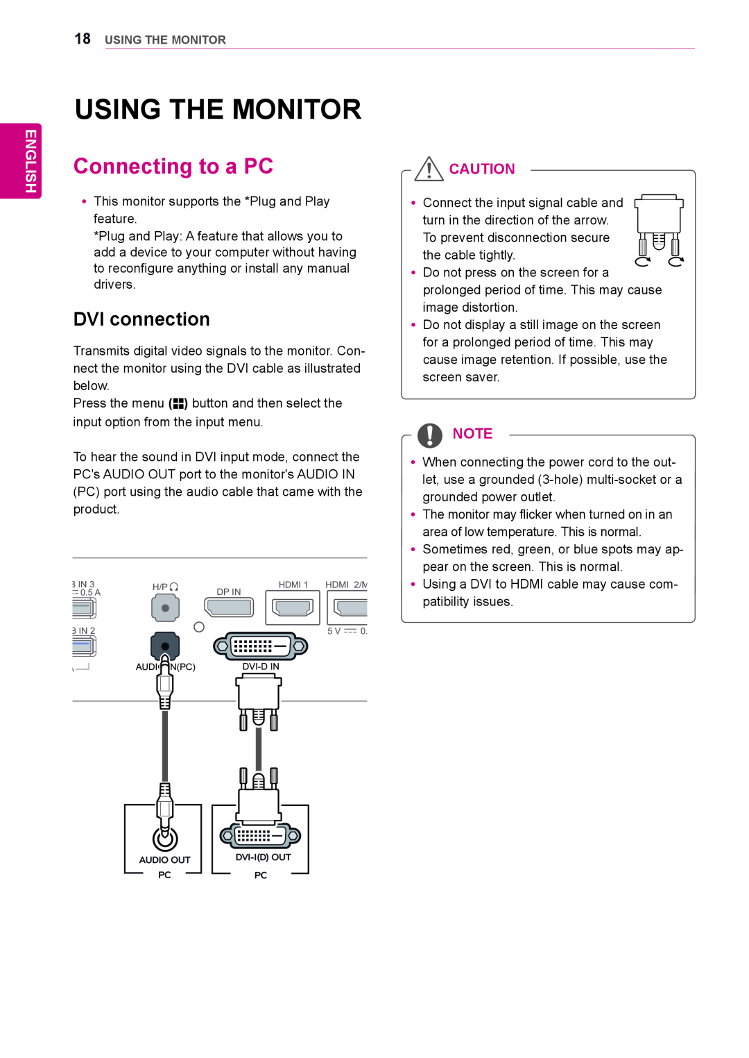 LG Electronics 29EA73, 29EB73 owner manual Using The Monitor, Connecting to a PC, DVI connection, English 