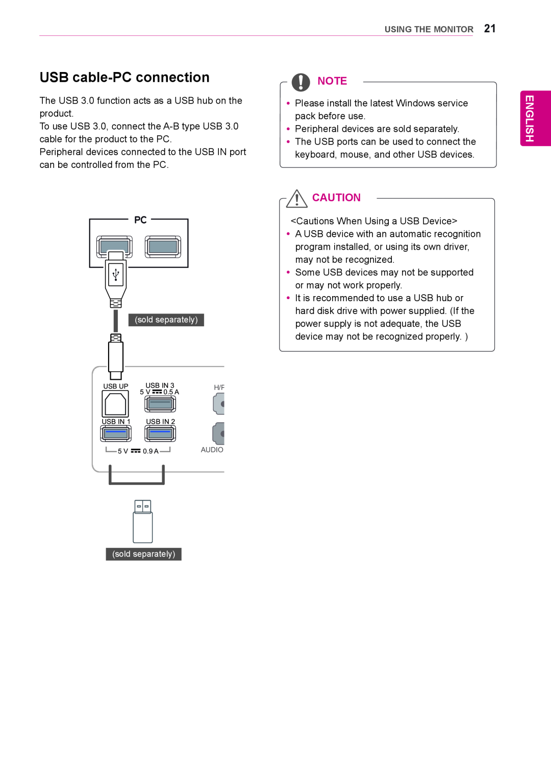 LG Electronics 29EB73, 29EA73 owner manual USB cable-PC connection, English 