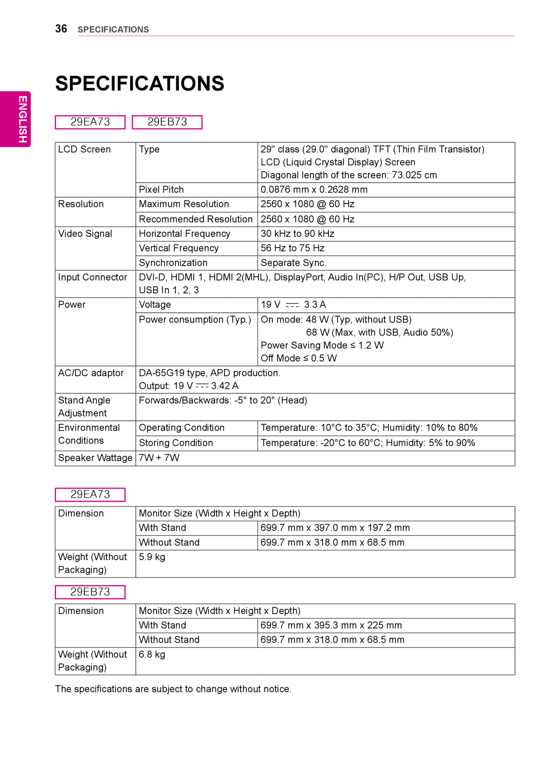 LG Electronics 29EA73, 29EB73 owner manual Specifications, English 