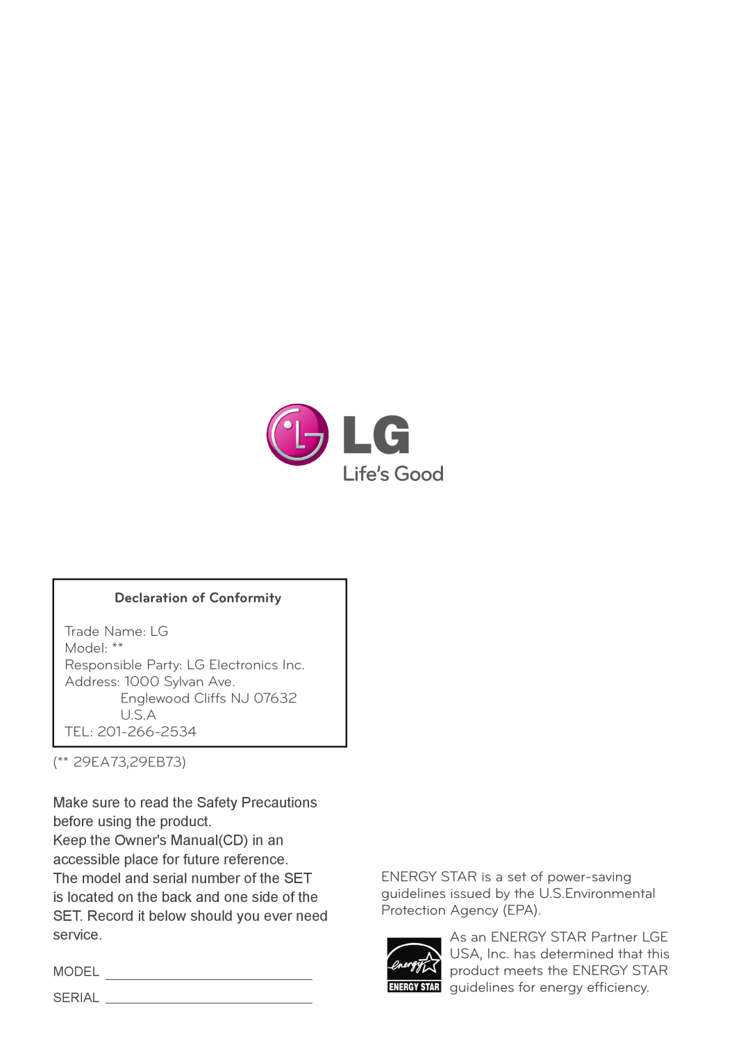 LG Electronics 29EB73, 29EA73 owner manual Declaration of Conformity 