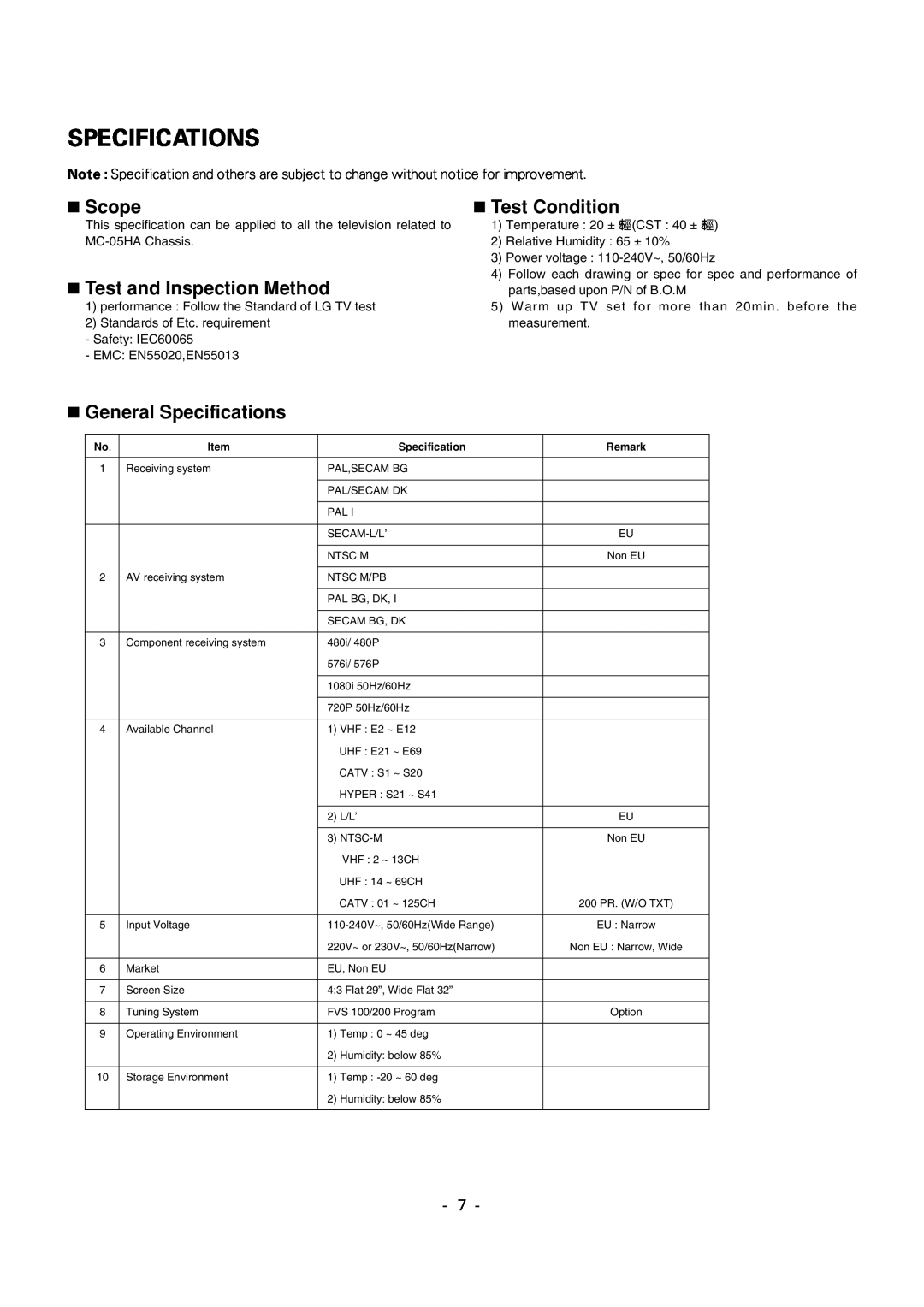 LG Electronics 29FS2AMB/ANX-ZE service manual Specifications, A Scope, A Test and Inspection Method, A Test Condition 