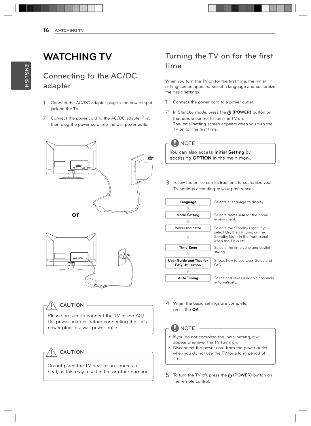 LG Electronics 29LN4510 owner manual Watching TV, Connecting to the AC/DC adapter, Turning the TV on for the first time 