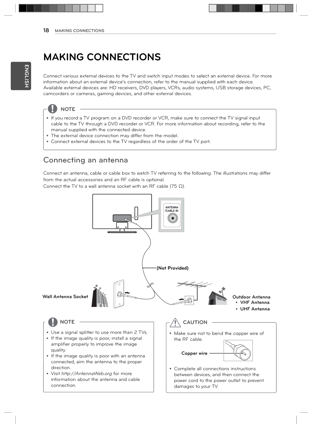 LG Electronics 29LN4510 owner manual Making Connections, Connecting an antenna 