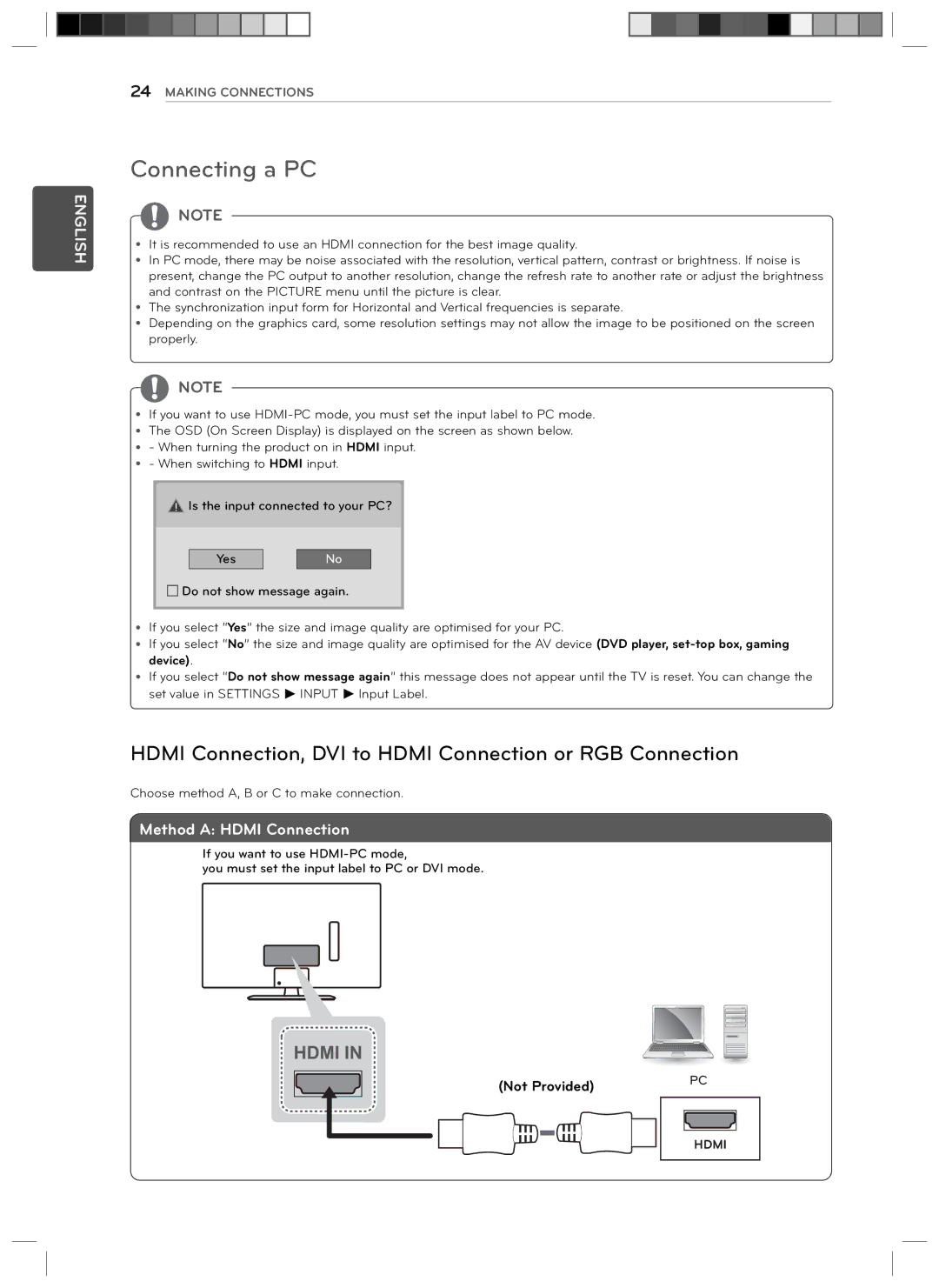 LG Electronics 29LN4510 owner manual Connecting a PC, Hdmi Connection, DVI to Hdmi Connection or RGB Connection 