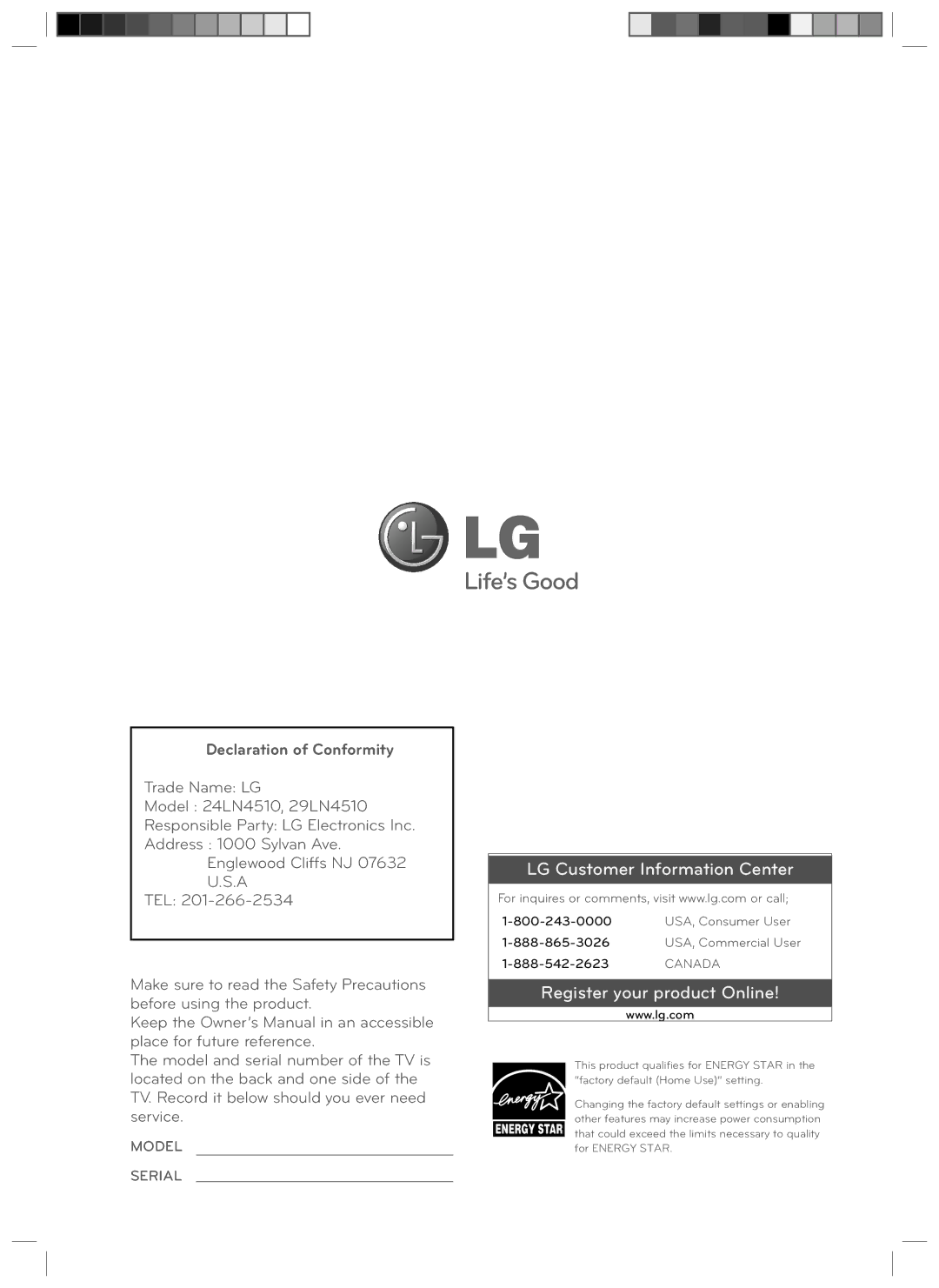 LG Electronics 29LN4510 owner manual LG Customer Information Center 