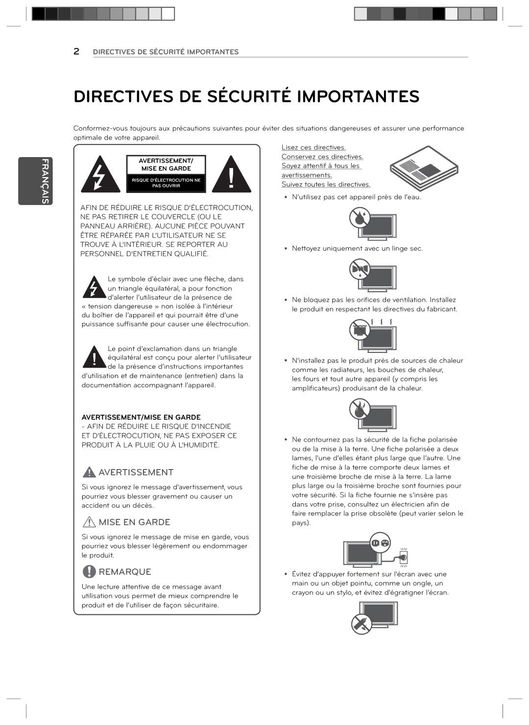 LG Electronics 29LN4510 owner manual Directives DE Sécurité Importantes, AVERTISSEMENT/MISE EN Garde 