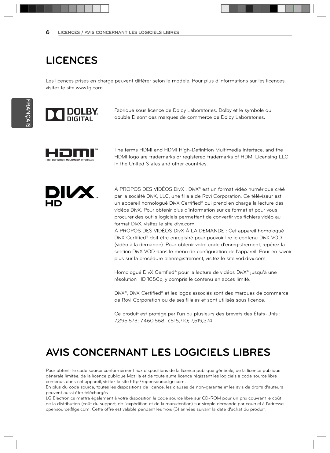 LG Electronics 29LN4510 owner manual Licences, Avis Concernant LES Logiciels Libres 