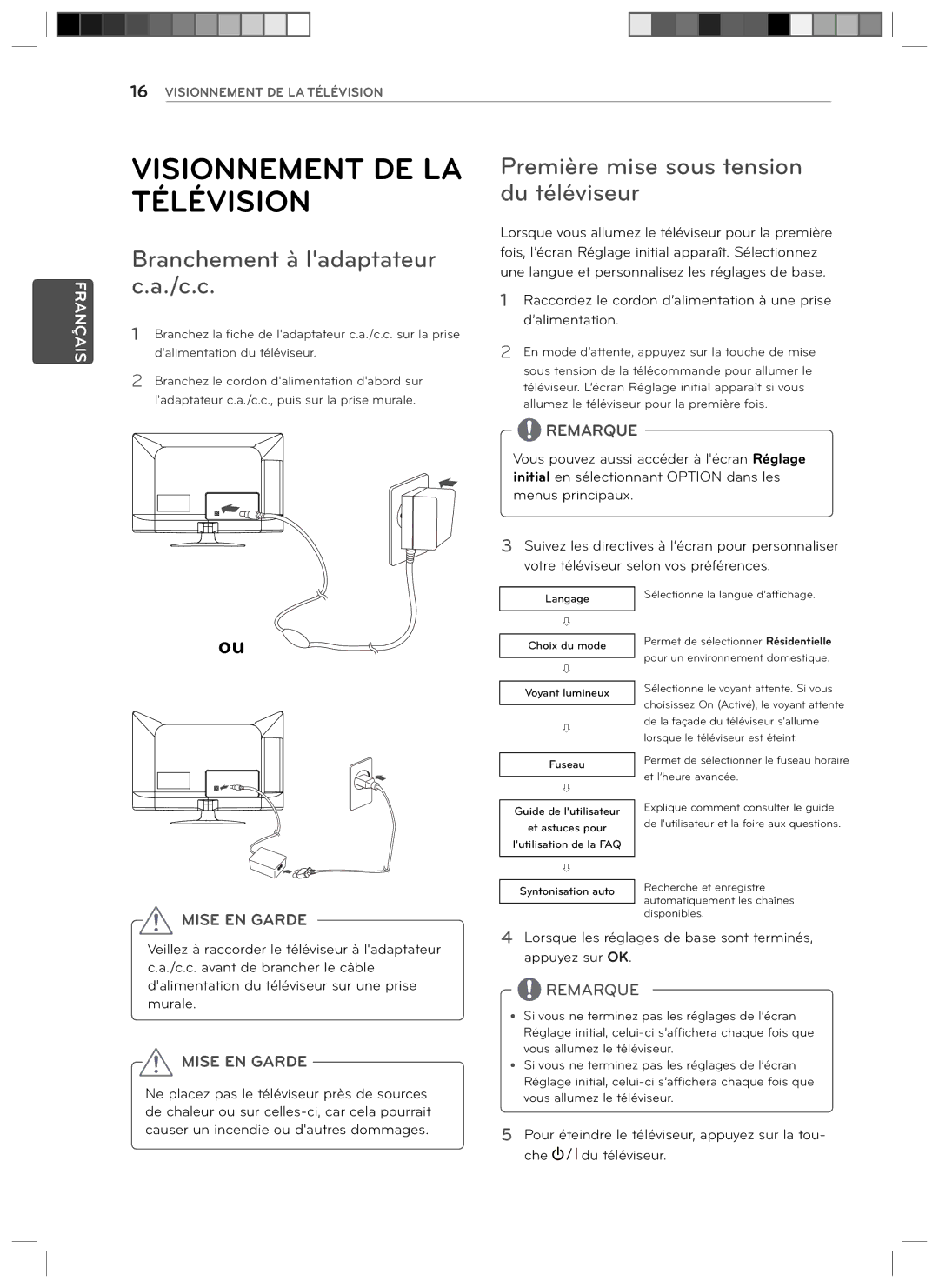 LG Electronics 29LN4510 owner manual Visionnement DE LA Télévision, Branchement à ladaptateur c.a./c.c 