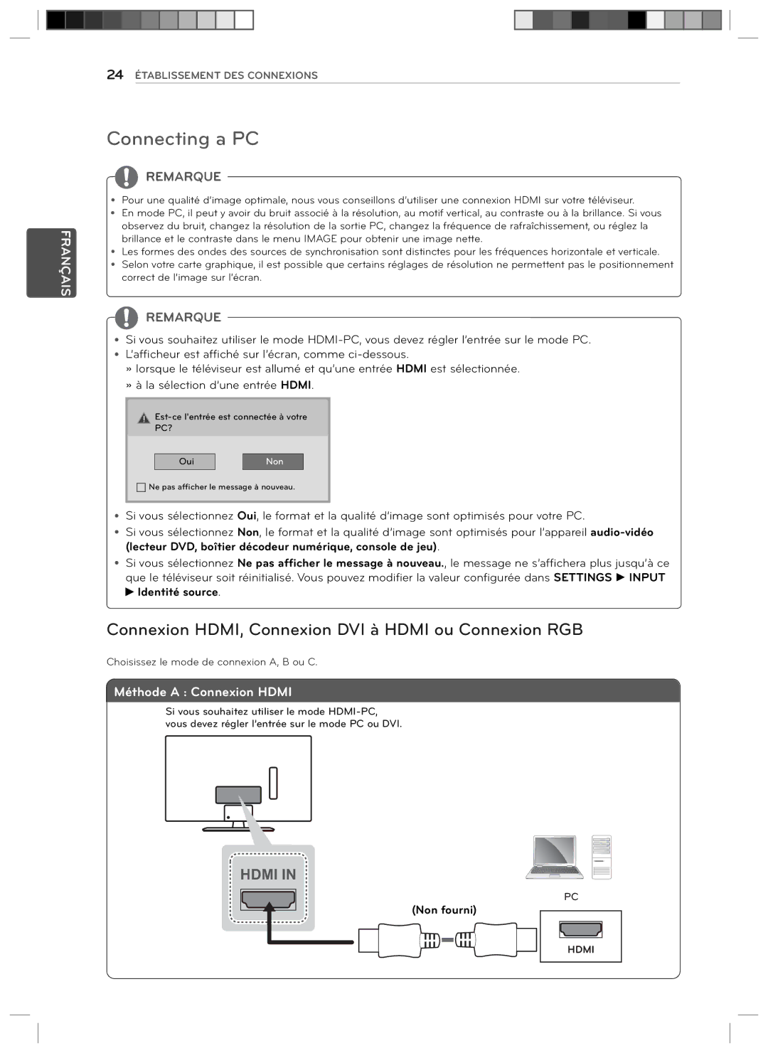 LG Electronics 29LN4510 owner manual Connexion HDMI, Connexion DVI à Hdmi ou Connexion RGB 