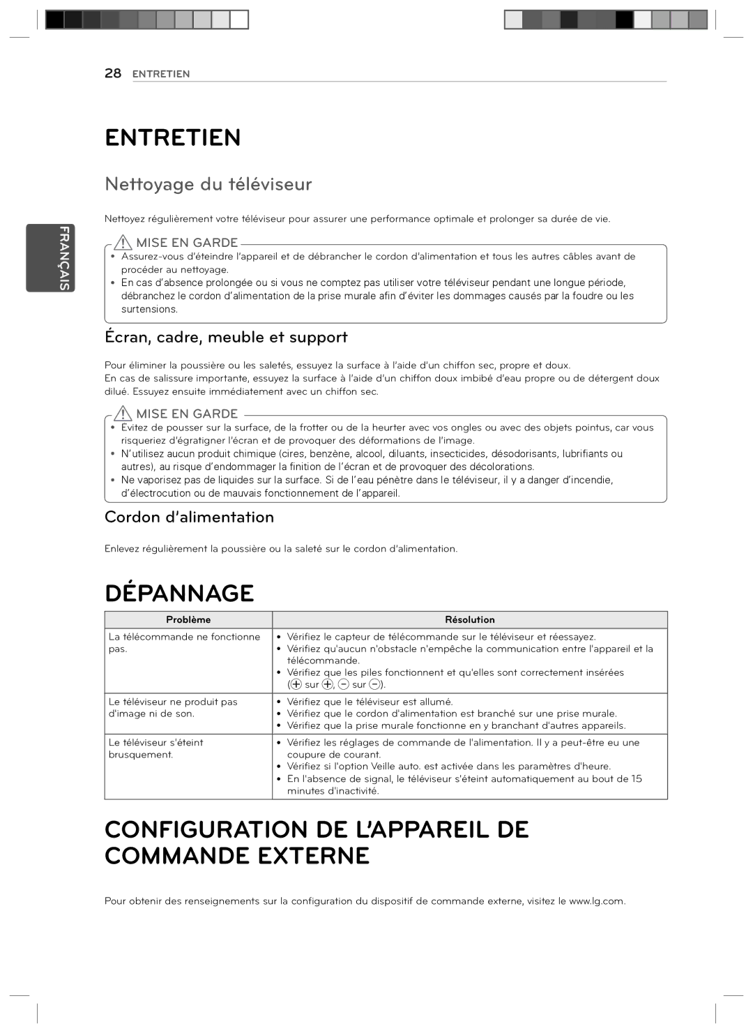 LG Electronics 29LN4510 Entretien, Dépannage, Configuration DE L’APPAREIL DE Commande Externe, Nettoyage du téléviseur 