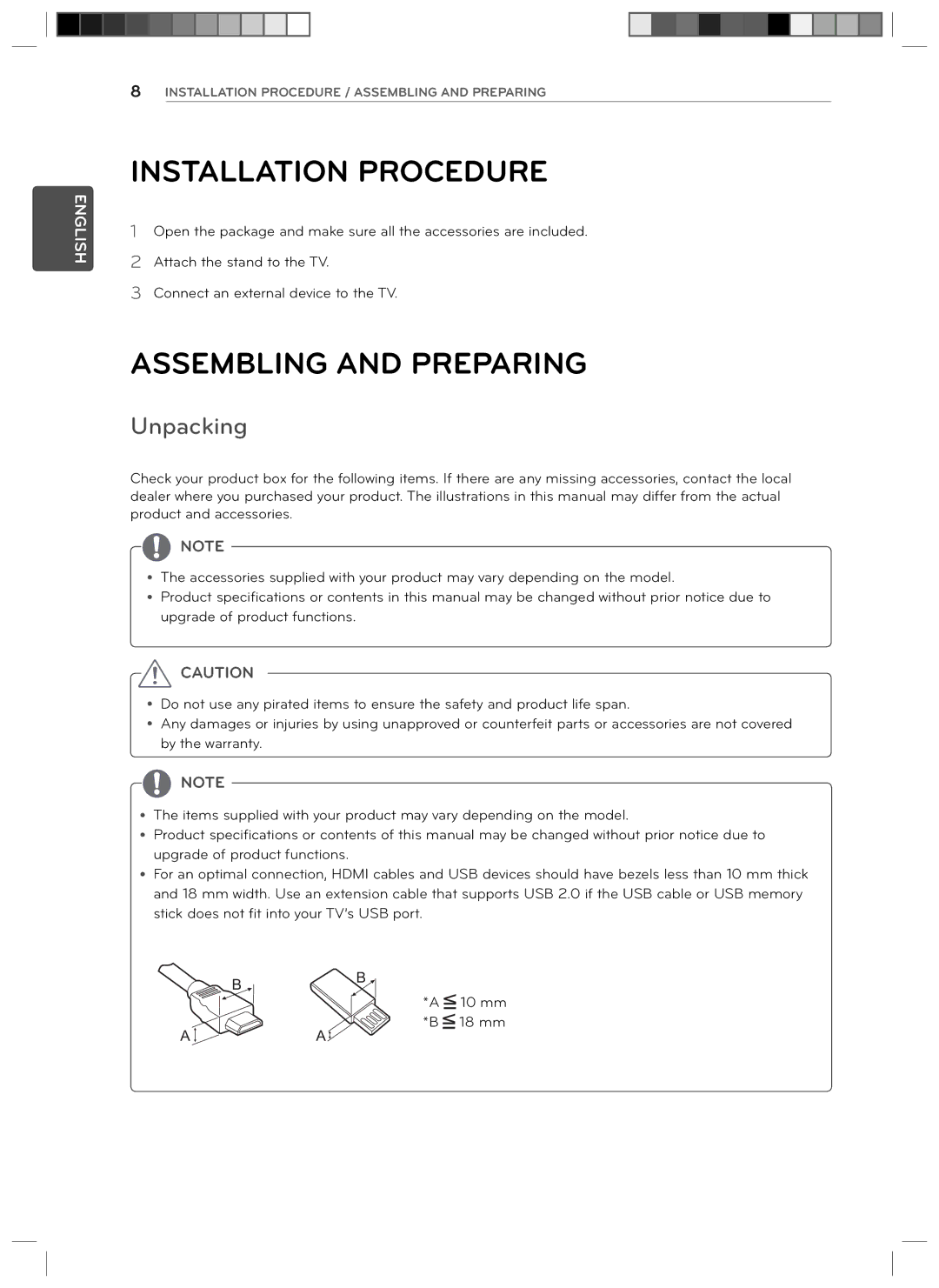 LG Electronics 29LN4510 owner manual Installation Procedure, Assembling and Preparing, Unpacking 