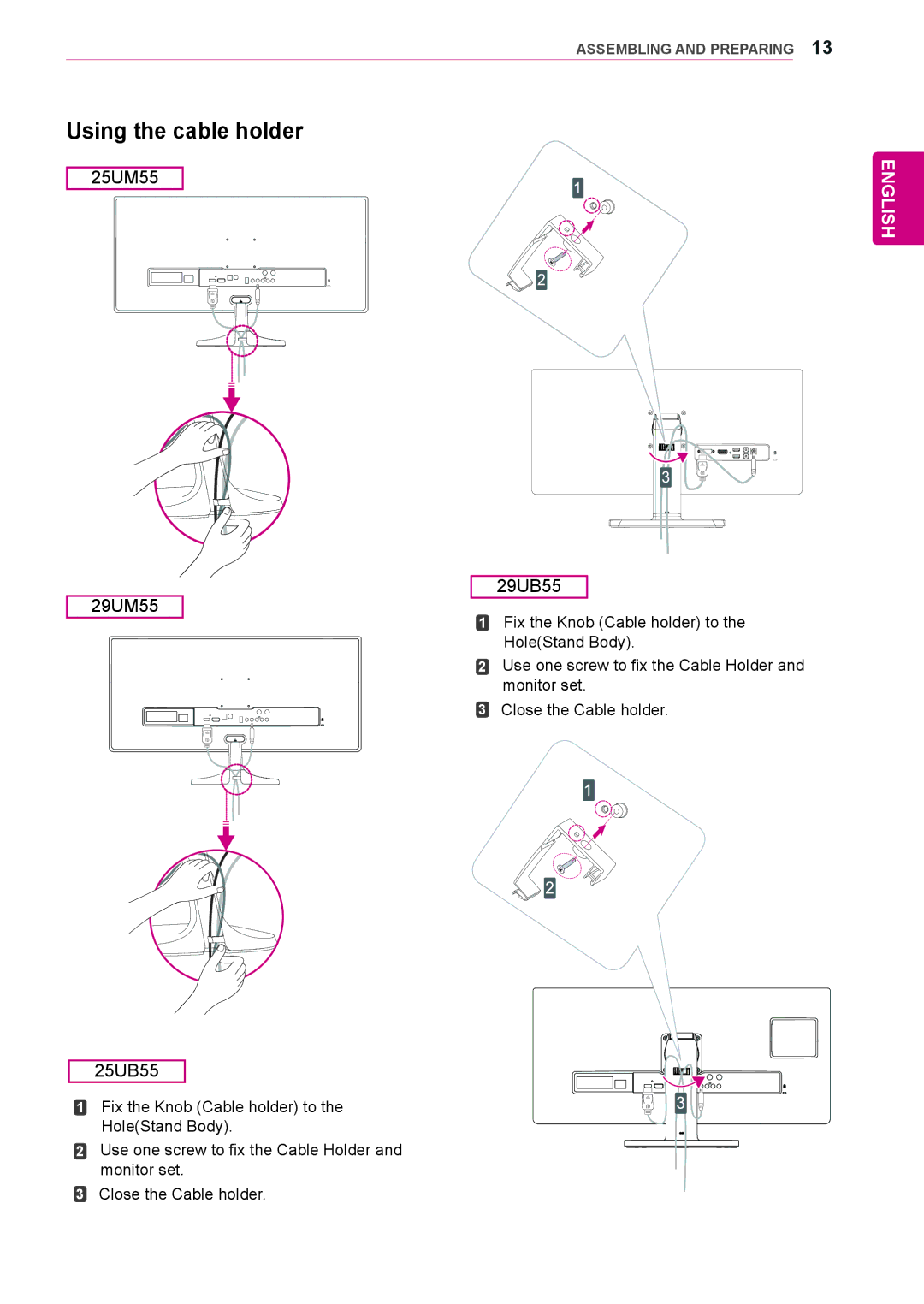 LG Electronics 25UM55, 25UB55 owner manual Using the cable holder, 29UM55 29UB55 