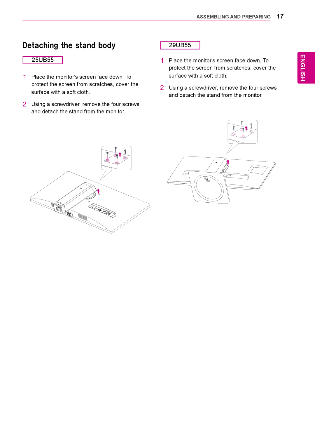 LG Electronics 29UM55, 29UB55, 25UM55, 25UB55 owner manual Detaching the stand body 