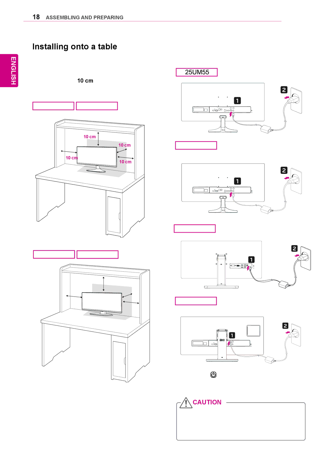 LG Electronics 25UM55 owner manual Installing onto a table, 29UM55 25UB55 29UB55 