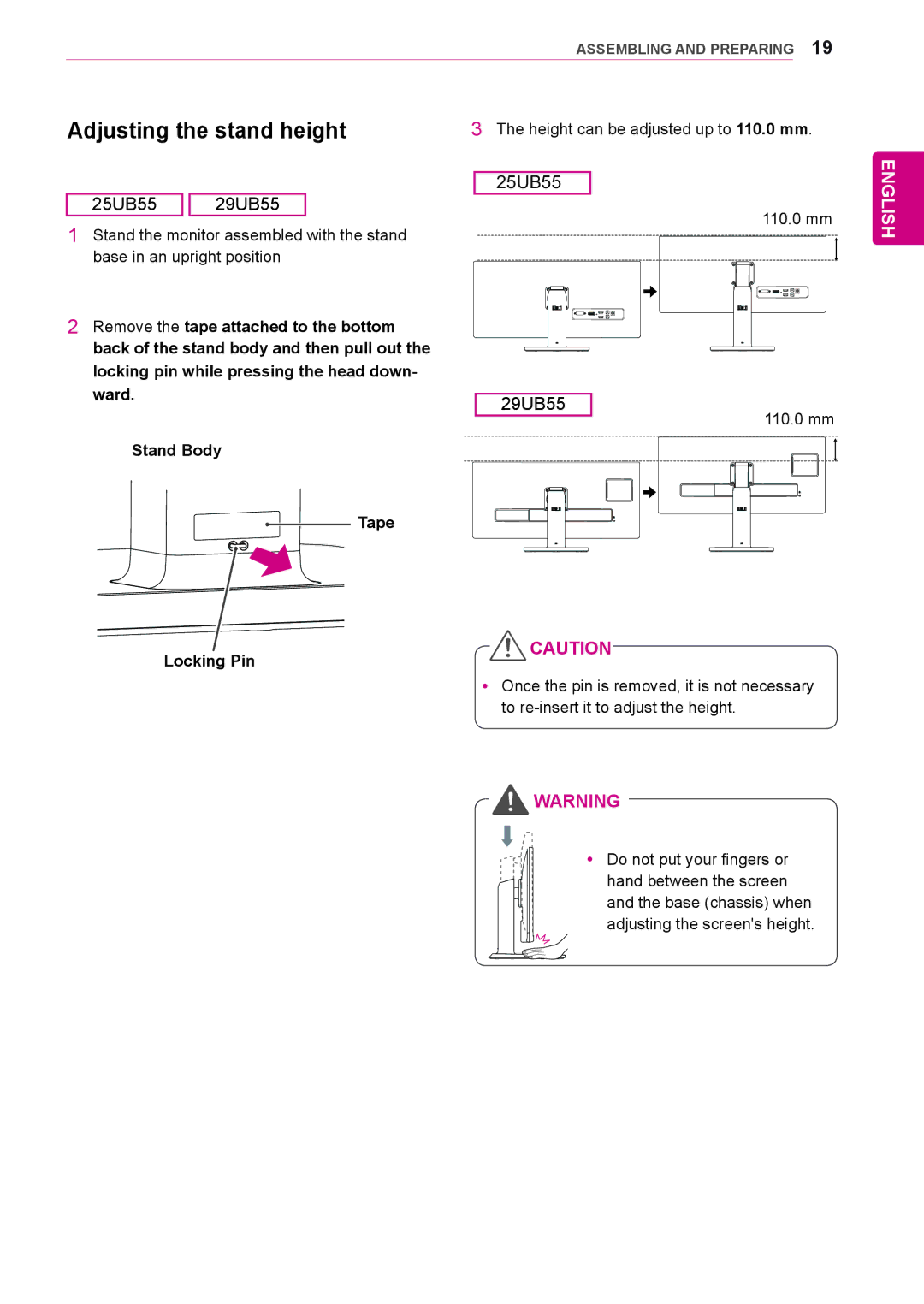 LG Electronics 25UB55, 29UB55, 29UM55, 25UM55 owner manual Adjusting the stand height, English 