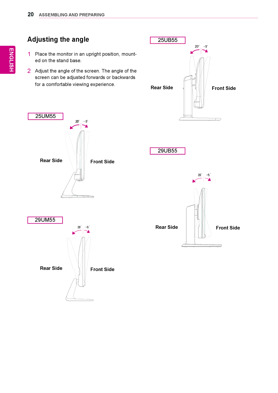 LG Electronics 29UB55, 25UM55, 25UB55 owner manual Adjusting the angle, 29UM55 