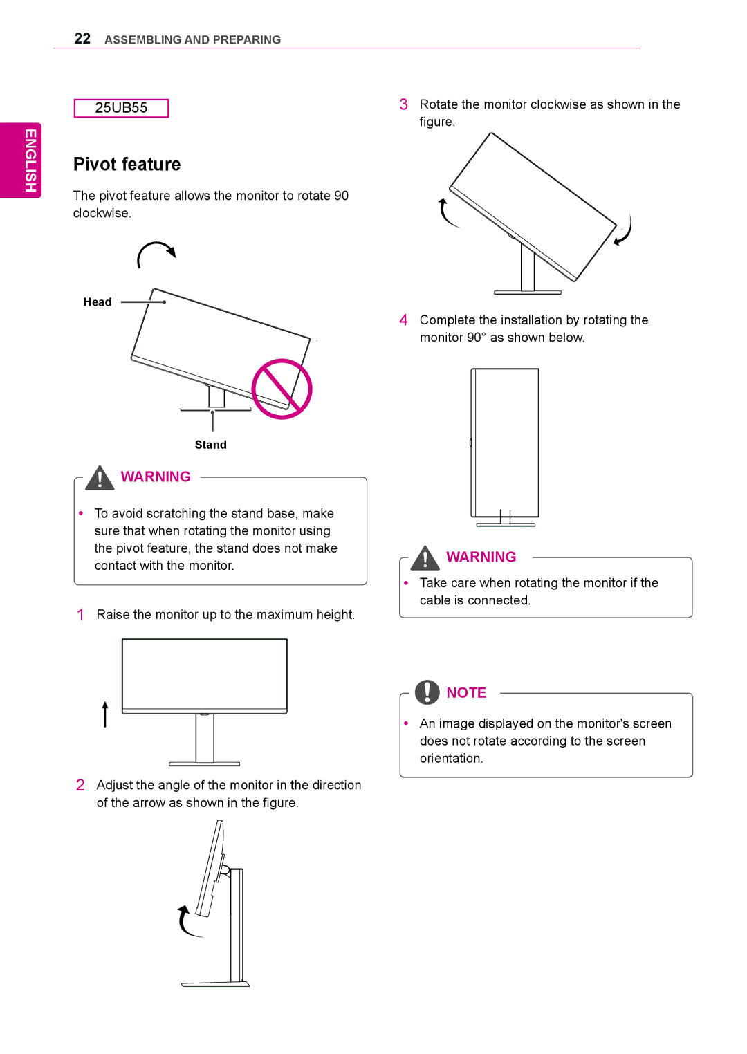 LG Electronics 25UM55, 29UB55, 29UM55, 25UB55 owner manual Pivot feature, Head Stand 