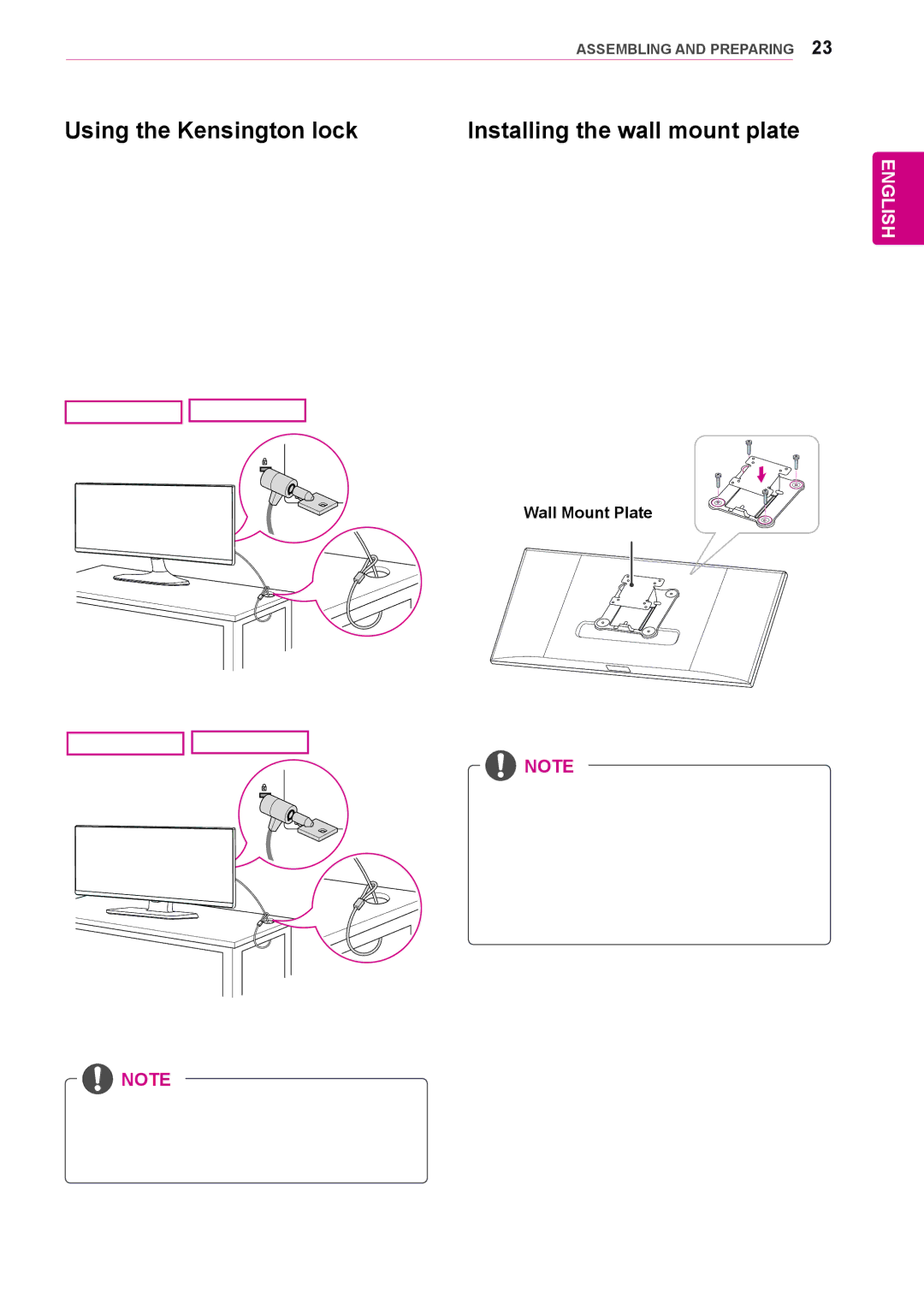 LG Electronics 25UB55, 29UB55, 29UM55, 25UM55 owner manual Using the Kensington lock, Installing the wall mount plate 