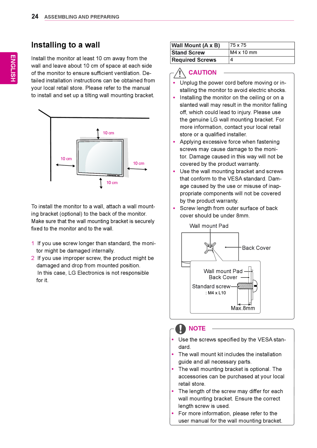 LG Electronics 29UB55, 29UM55, 25UM55, 25UB55 owner manual Installing to a wall, Required Screws 