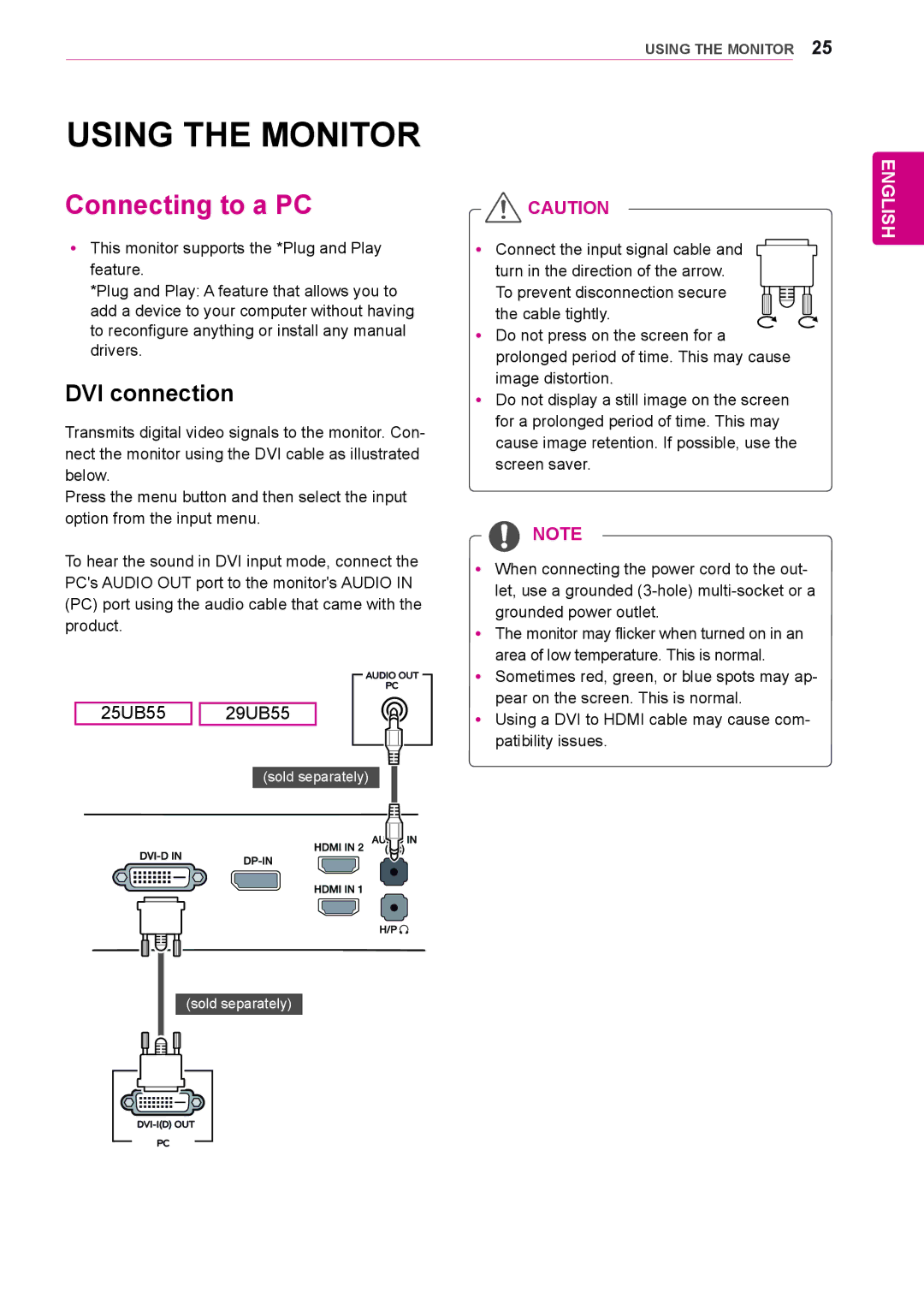 LG Electronics 29UM55, 29UB55, 25UM55, 25UB55 owner manual Using the Monitor, Connecting to a PC, DVI connection 