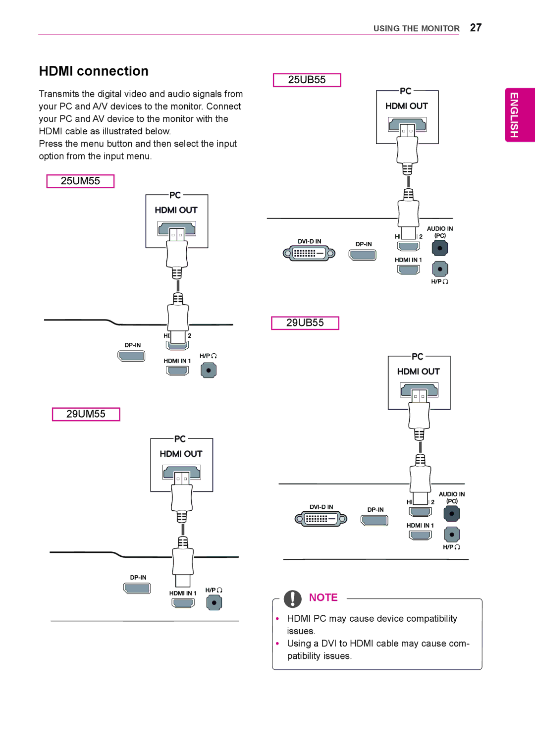 LG Electronics 25UB55, 25UM55 owner manual Hdmi connection, 29UB55 29UM55 