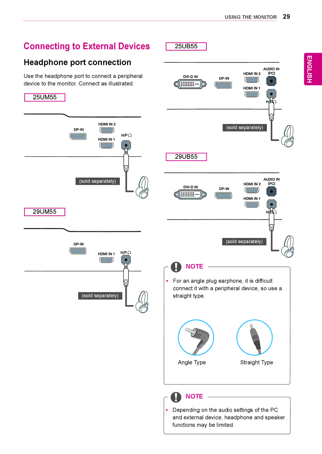 LG Electronics 29UM55, 29UB55, 25UM55, 25UB55 owner manual Connecting to External Devices, Headphone port connection 