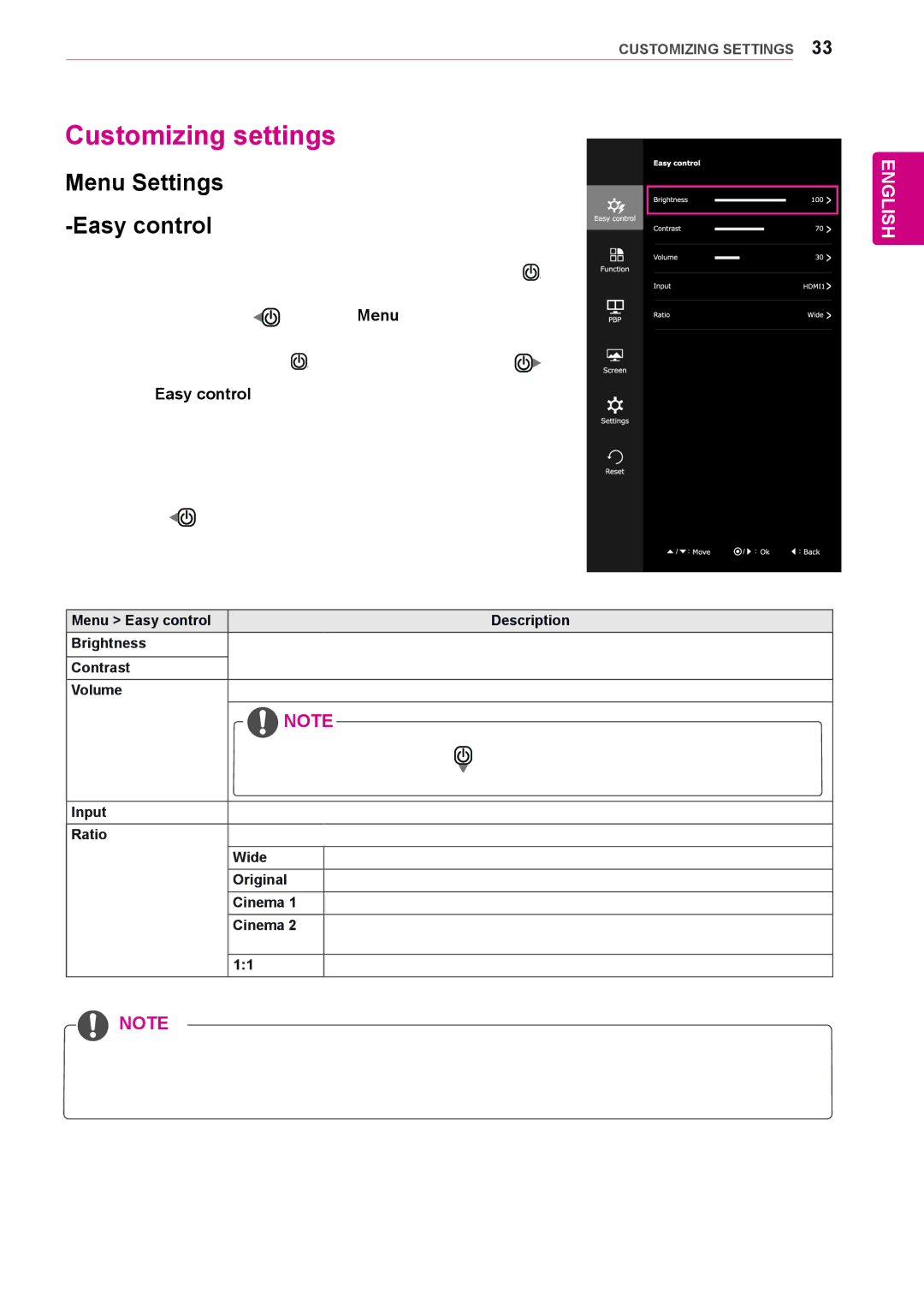 LG Electronics 29UM55, 29UB55, 25UM55, 25UB55 owner manual Customizing settings, Menu Settings -Easy control 