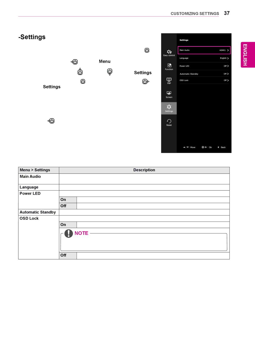 LG Electronics 29UM55, 29UB55, 25UM55, 25UB55 owner manual Settings 