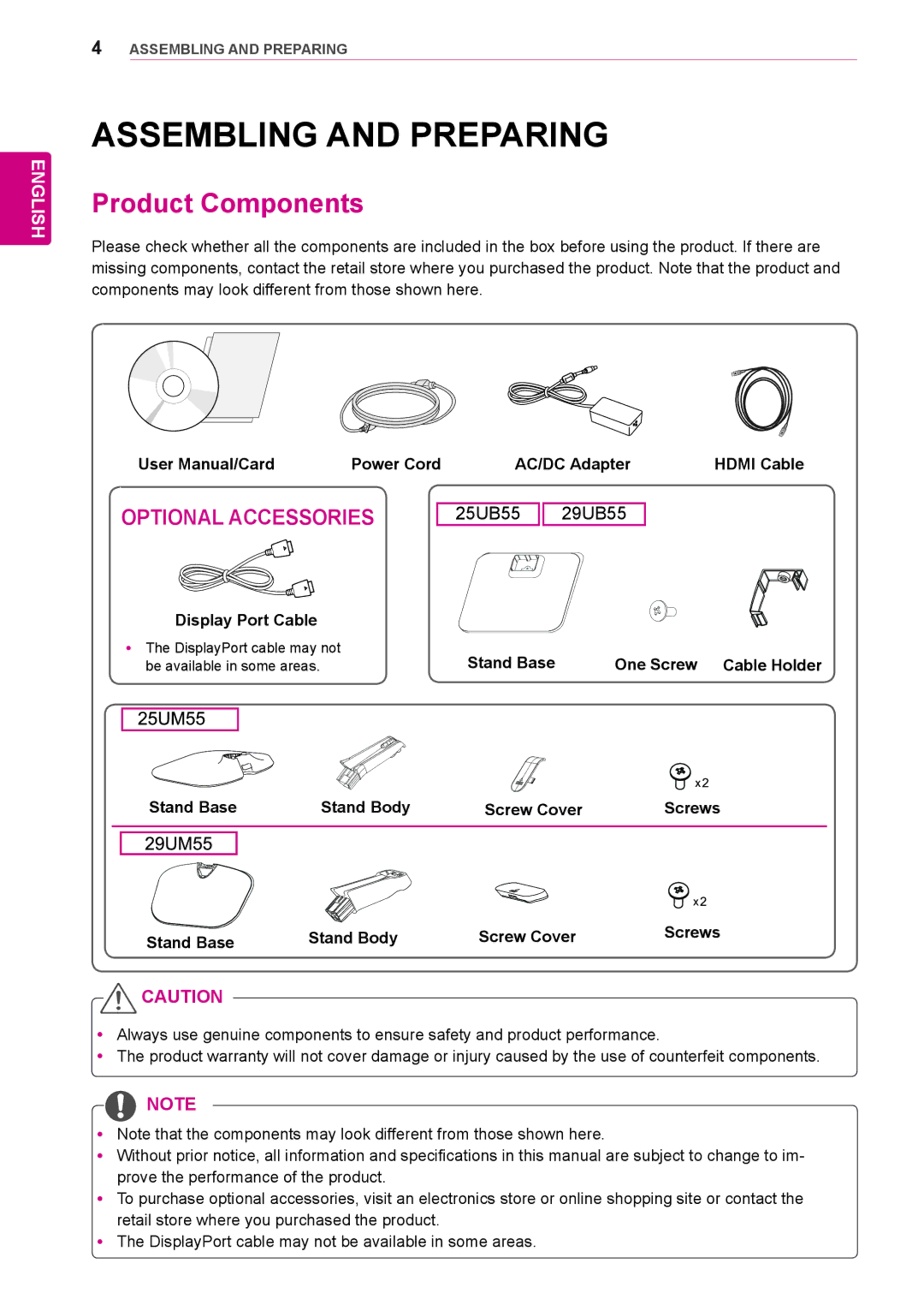 LG Electronics 29UM55, 25UM55 owner manual Assembling and Preparing, Product Components, 25UB55 29UB55, Screws 