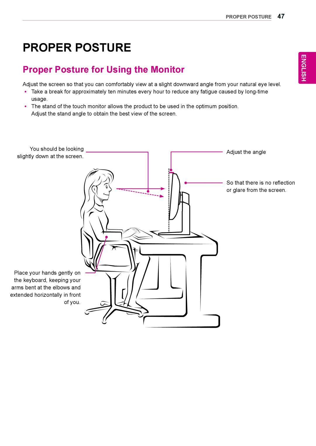 LG Electronics 25UB55, 29UB55, 29UM55, 25UM55 owner manual Proper Posture for Using the Monitor 