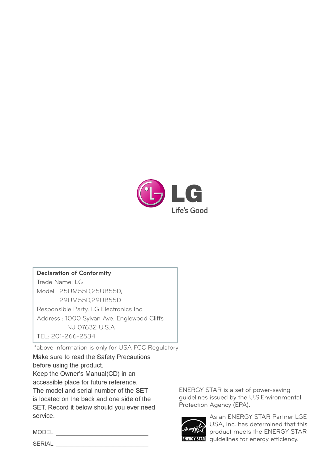 LG Electronics 29UB55, 29UM55, 25UM55, 25UB55 owner manual Declaration of Conformity 