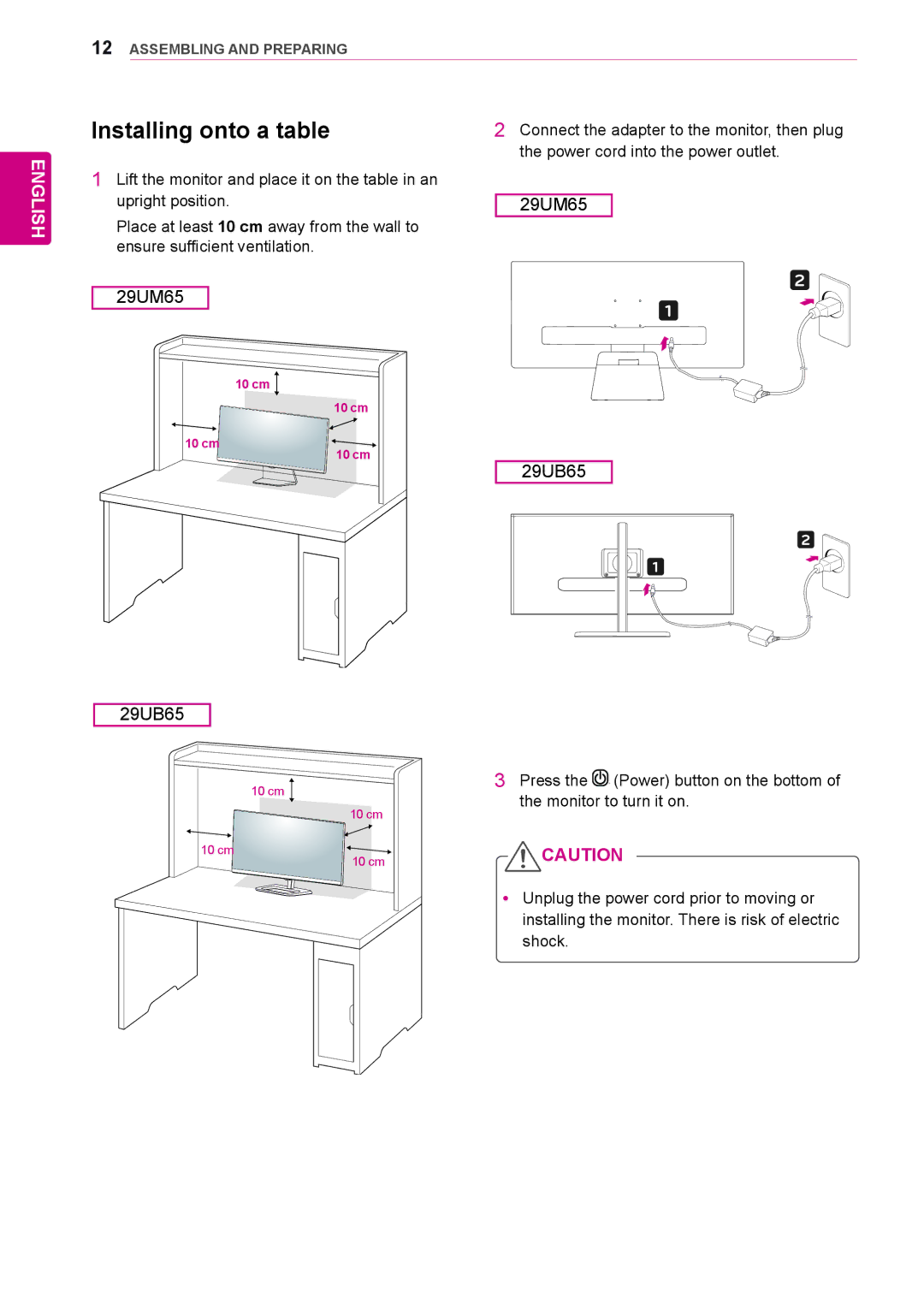 LG Electronics 29UB65, 29UM65 owner manual Installing onto a table 