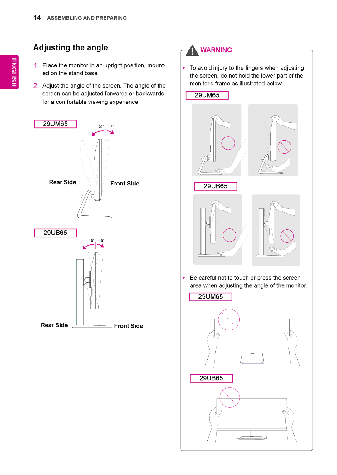 LG Electronics 29UB65, 29UM65 owner manual Adjusting the angle 