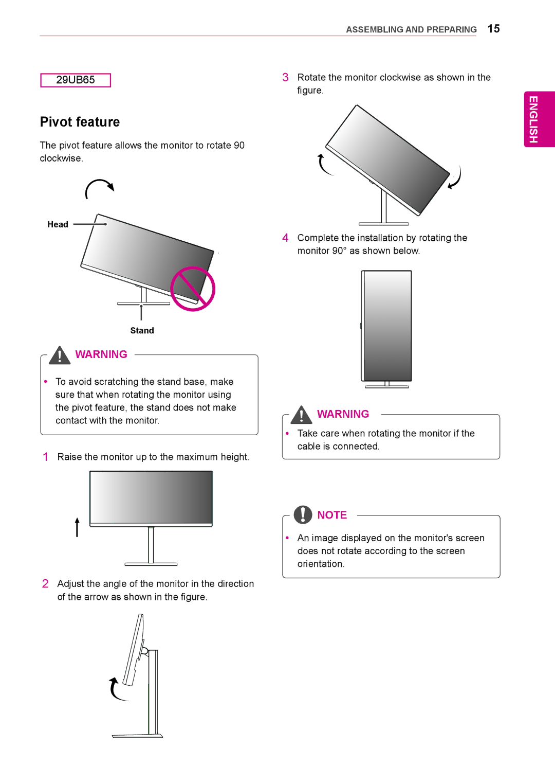 LG Electronics 29UM65, 29UB65 owner manual Pivot feature, Head Stand 