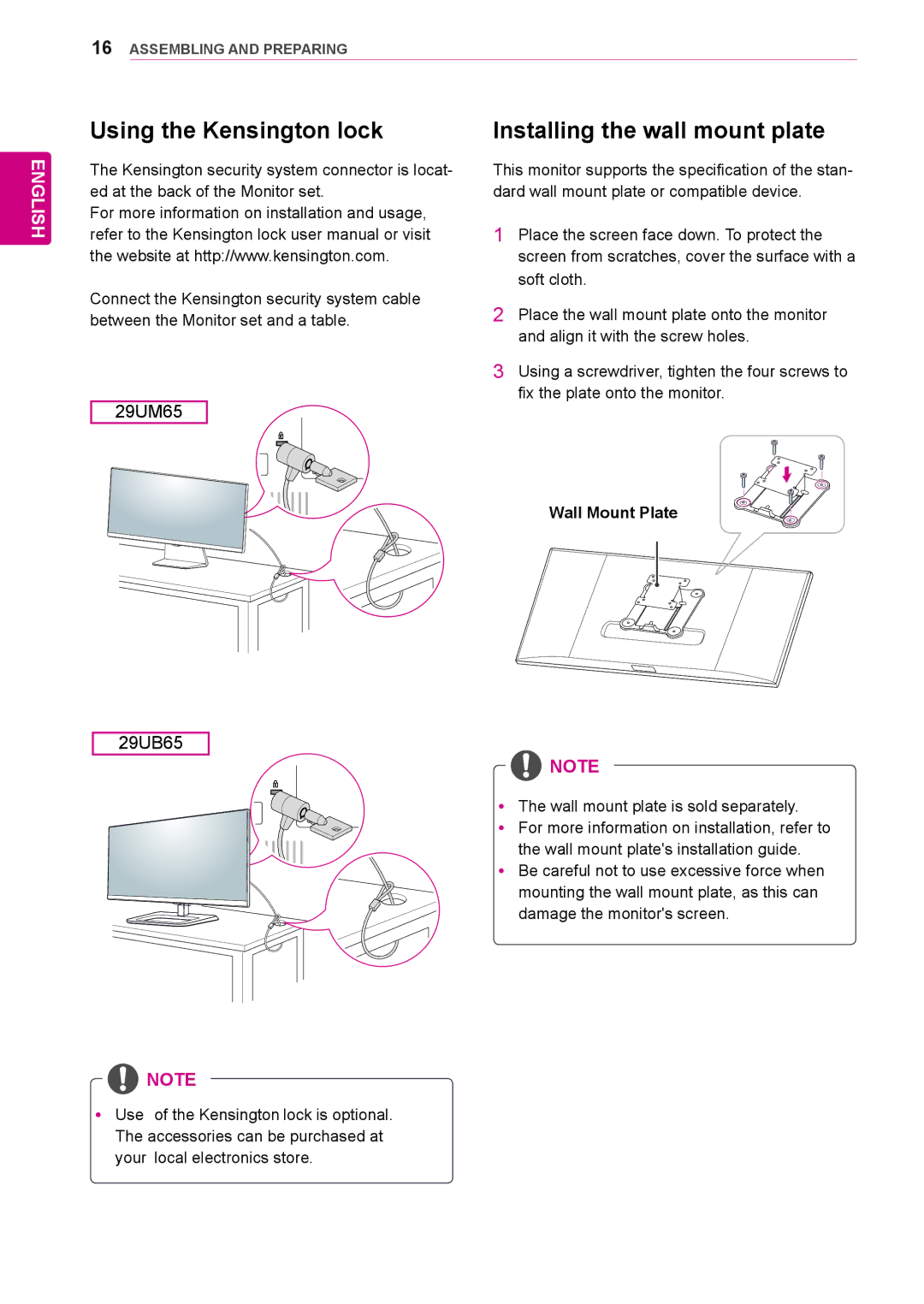 LG Electronics 29UB65, 29UM65 owner manual Using the Kensington lock, Installing the wall mount plate 