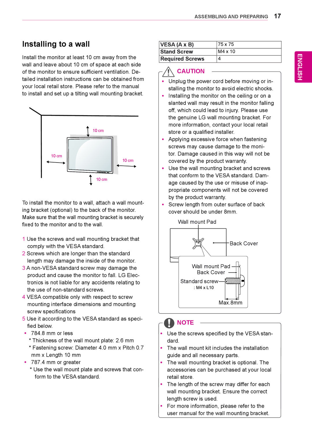 LG Electronics 29UM65, 29UB65 owner manual Installing to a wall, Required Screws 