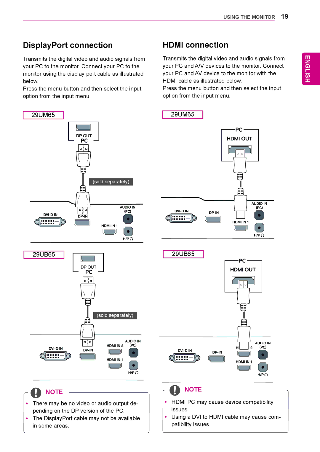 LG Electronics 29UM65, 29UB65 owner manual DisplayPort connection Hdmi connection 