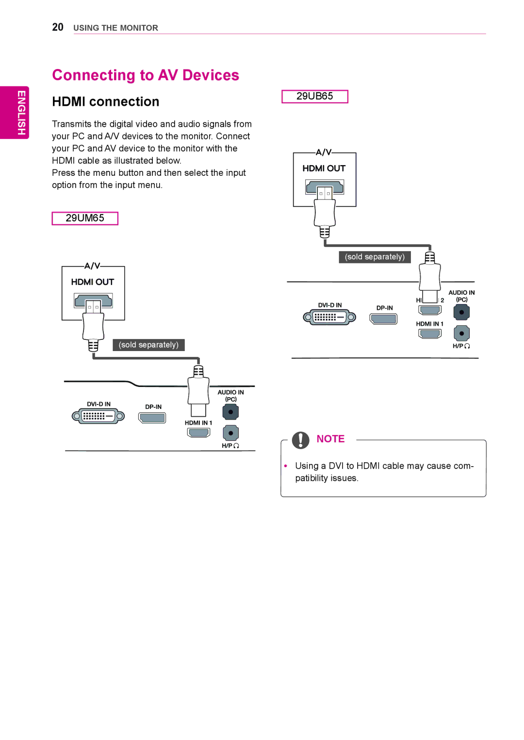 LG Electronics 29UB65, 29UM65 owner manual Connecting to AV Devices 