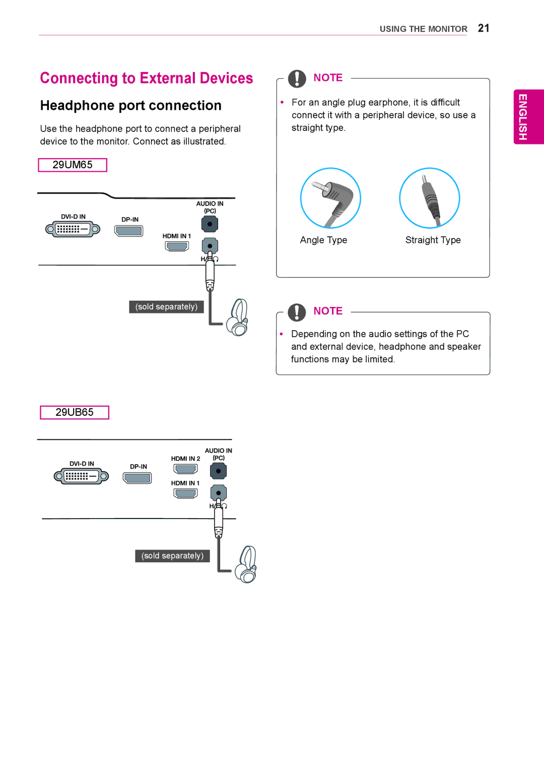 LG Electronics 29UM65, 29UB65 owner manual Connecting to External Devices, Headphone port connection 