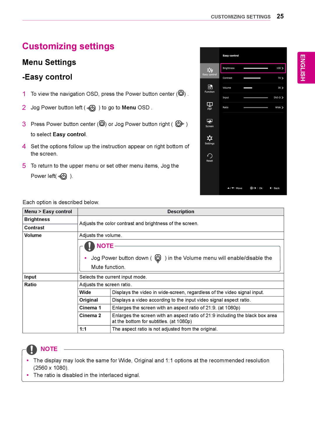 LG Electronics 29UM65, 29UB65 owner manual Customizing settings, Menu Settings -Easy control 