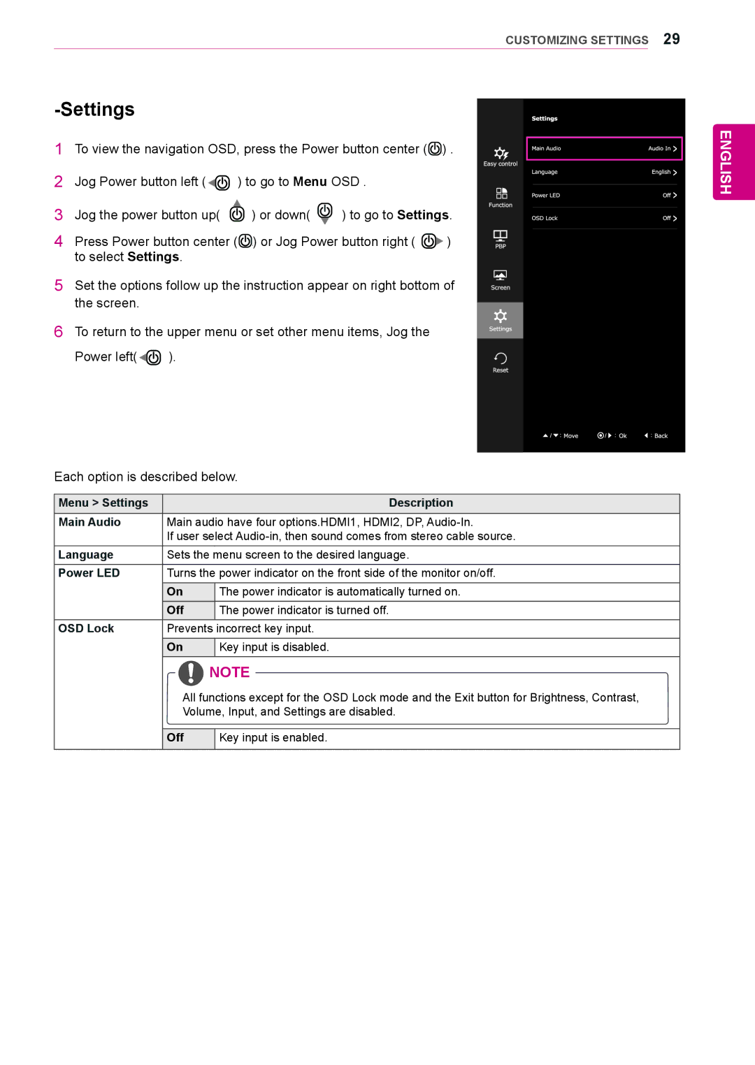 LG Electronics 29UM65, 29UB65 owner manual Settings 