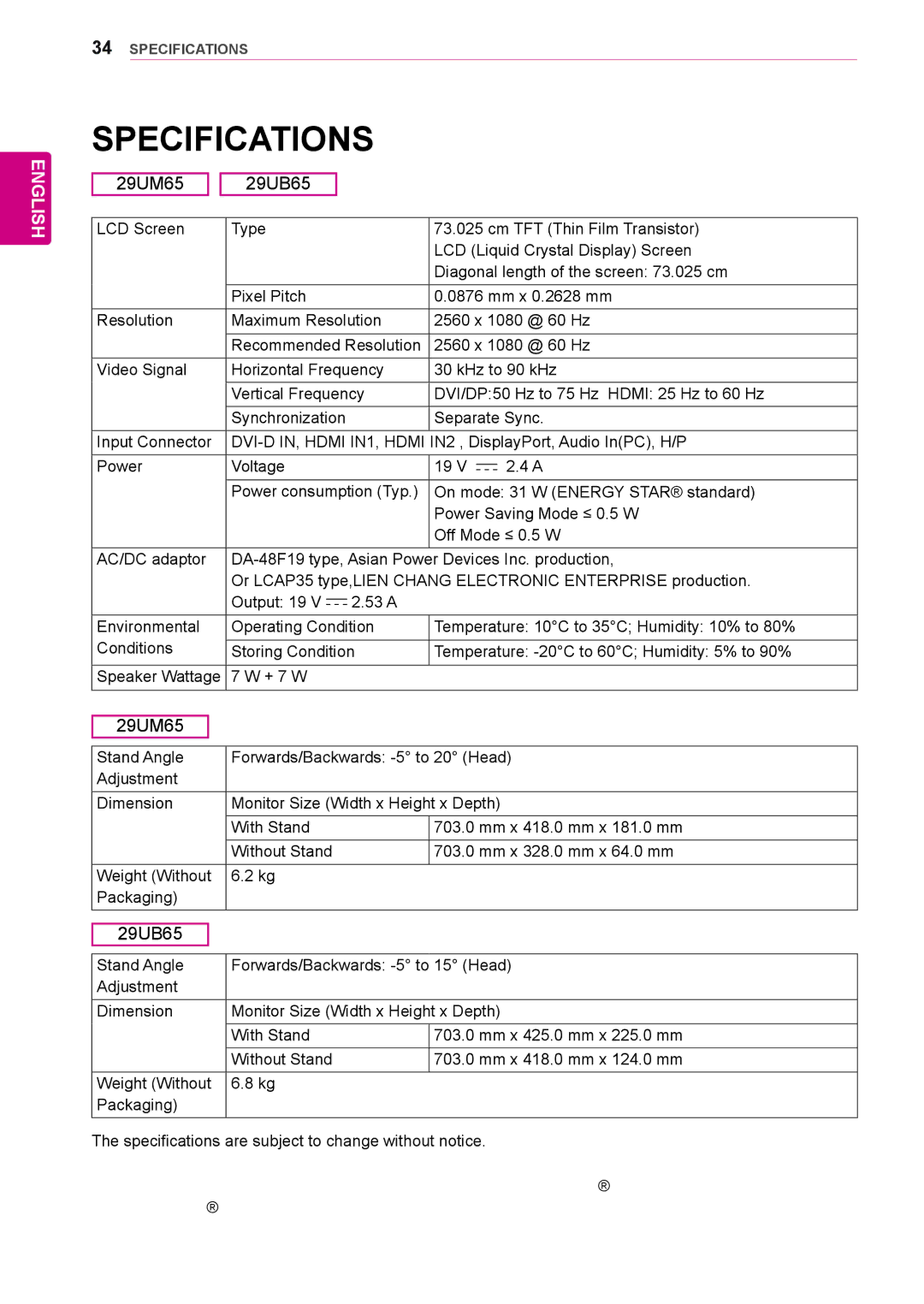 LG Electronics 29UB65, 29UM65 owner manual Specifications 